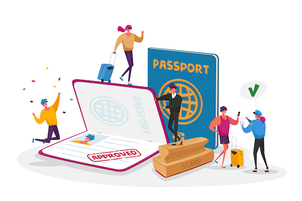 Characters Get Approved Visa. Travelers and Tourists Making Document for Leaving Country and Travel Abroad. Foreign and Native Passport, Traveling Immigration Stamp. Cartoon People Vector Illustration